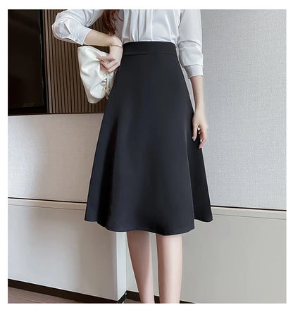 Women Skirts High Waist Knee-length A-line Black Skirt Casual All-match Elegant Ladies Gentle Ulzzang Trendy Solid Streetwear OL