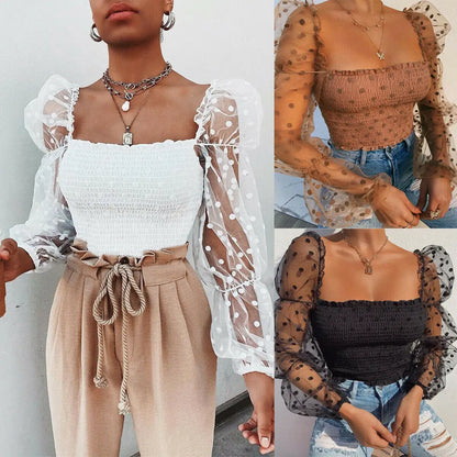 Summer Polka Dot Vintage New Women Shirts Puff Sleeve Square Sexy Square Neck Slim See-through Blouse Crop Top Clubwear