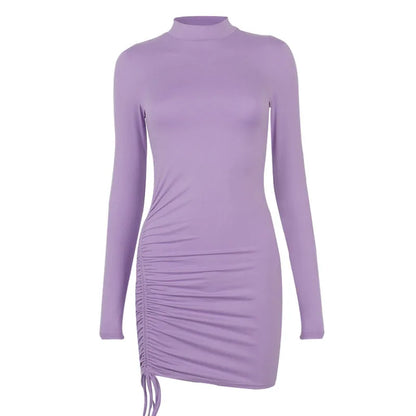 Long Sleeve Ruched Bodycon Dress Women Turtleneck Bandage Mini Dresses Autumn Black Skinny Stretchy Party Vestidos