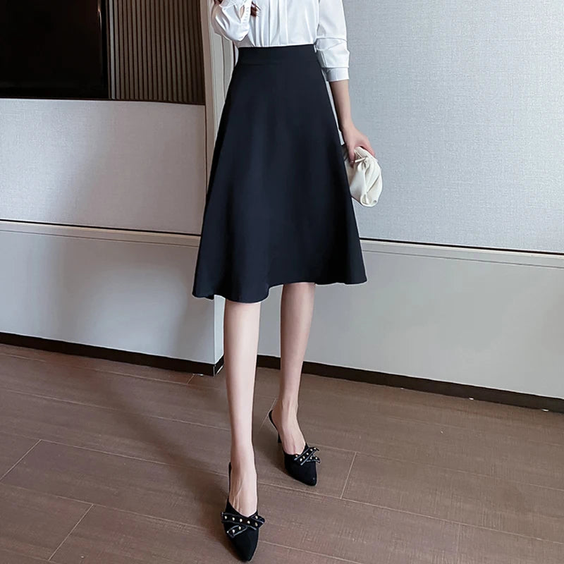 Women Skirts High Waist Knee-length A-line Black Skirt Casual All-match Elegant Ladies Gentle Ulzzang Trendy Solid Streetwear OL