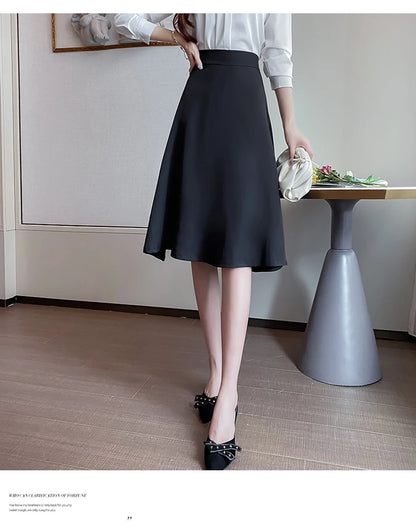 Women Skirts High Waist Knee-length A-line Black Skirt Casual All-match Elegant Ladies Gentle Ulzzang Trendy Solid Streetwear OL