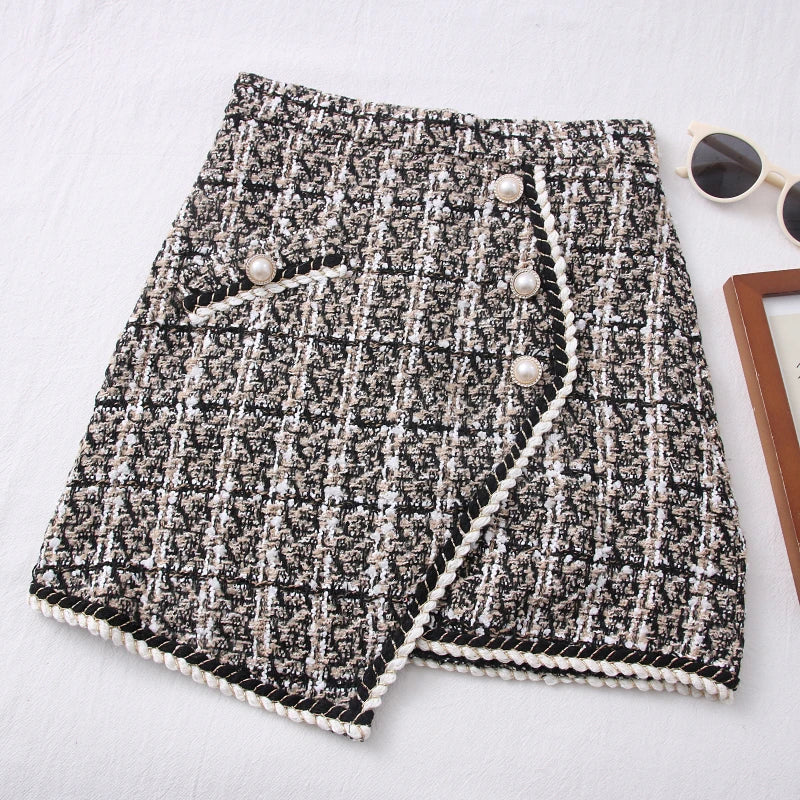 Tweed Skirts for Women Solid High Waist Slimming Skirts Autumn Spring 2026 Buttons Double Breasted Tweed Wool Mini Skirt