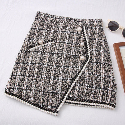 Tweed Skirts for Women Solid High Waist Slimming Skirts Autumn Spring 2026 Buttons Double Breasted Tweed Wool Mini Skirt