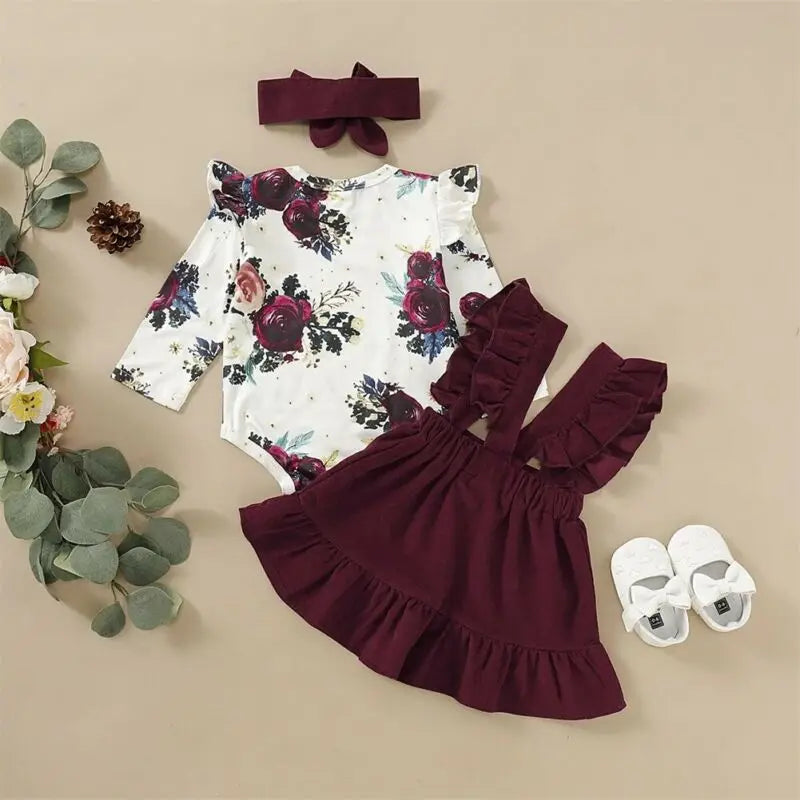 Newborn Baby Girl Clothes Set Floral Bodysuit Romper Jumpsuit Tops T Shirt Suspender Skirts Bow Headband Outfit