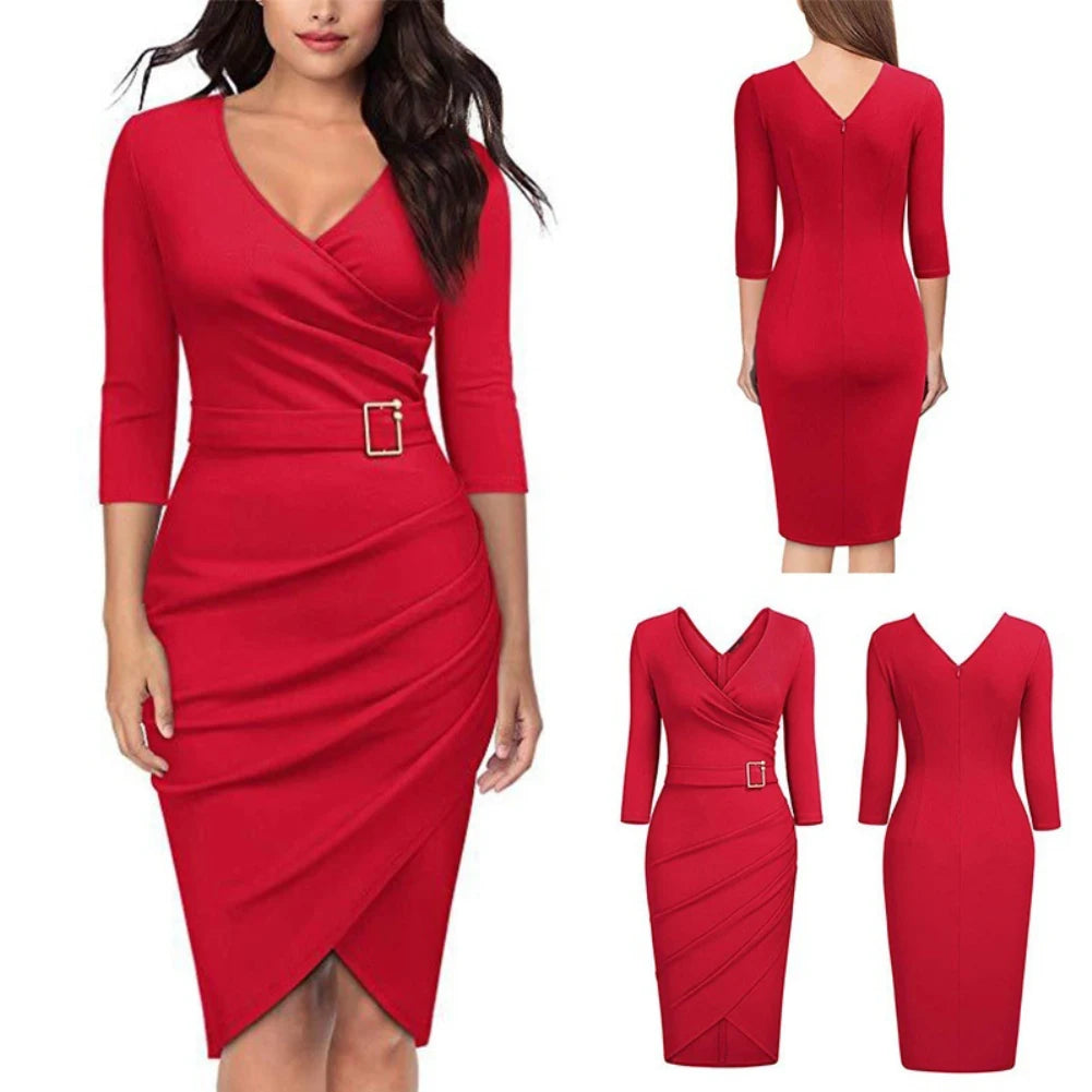 Formal Dress Women Summer Solid Color 3/4 Sleeve Elegant Dress High Waist Belted Irregular Pencil Dress Red