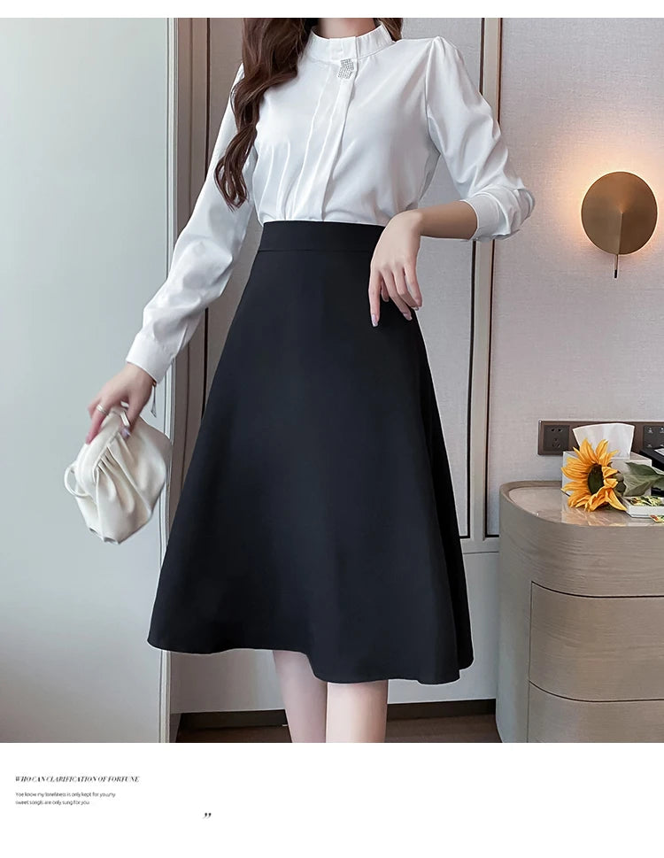 Women Skirts High Waist Knee-length A-line Black Skirt Casual All-match Elegant Ladies Gentle Ulzzang Trendy Solid Streetwear OL