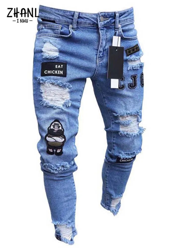 Men's Stretchy Ripped Skinny Embroidered Jeans Men's White Pants Destroyed Hole Slim Fit Denim High Quality Hip Hop Men trousers