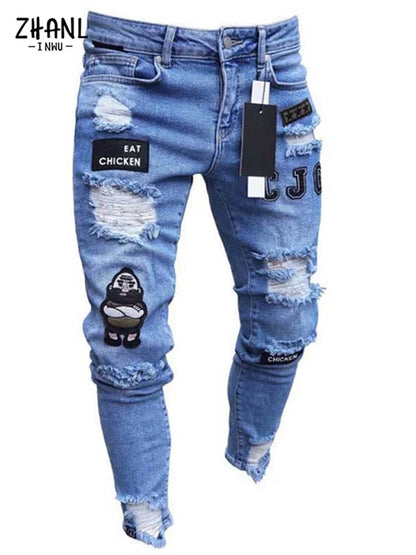 Men's Stretchy Ripped Skinny Embroidered Jeans Men's White Pants Destroyed Hole Slim Fit Denim High Quality Hip Hop Men trousers