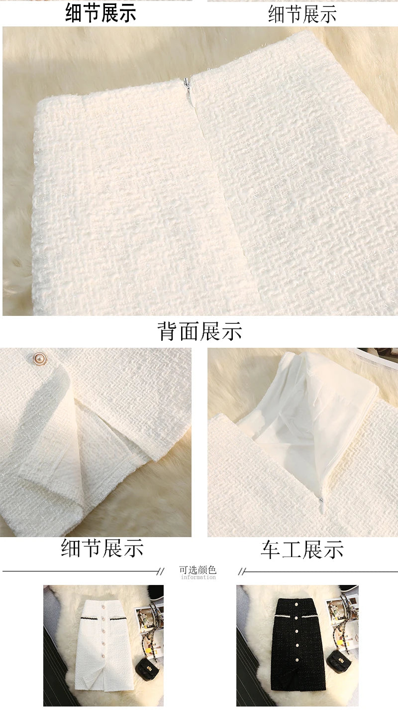 Black White Tweed Long Skirts Women Autumn Winter New Bright Silk Skirt Female Vintage High Waist A-line Wrap Skirt Office Lady