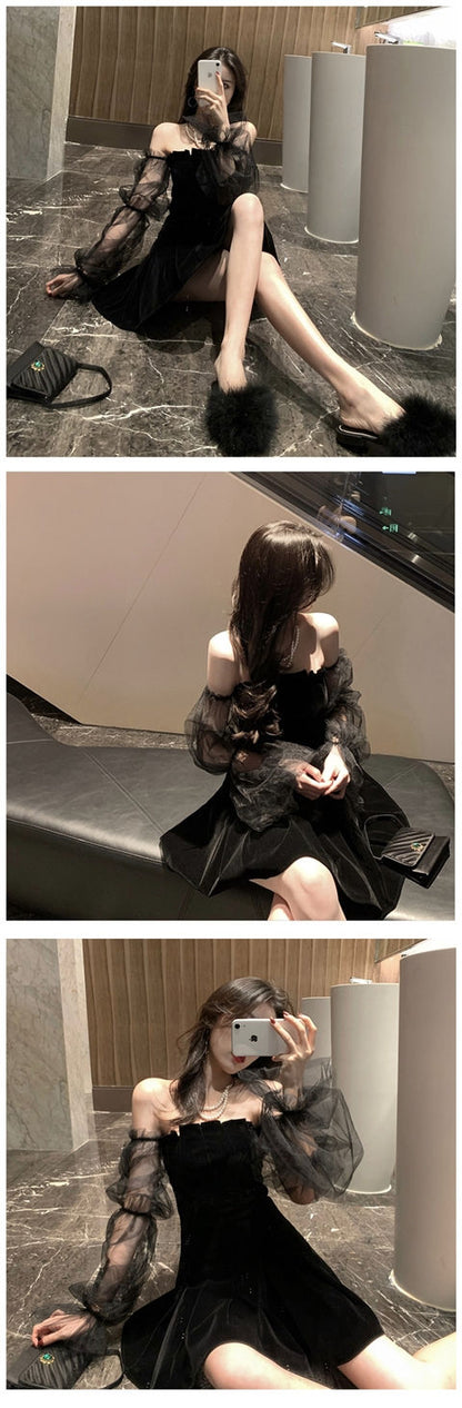 New 2026 Black Retro Dress Women Lace Chiffon Mini Dress Female High Street Sexy Korean Fashion Dress Women Club Dress