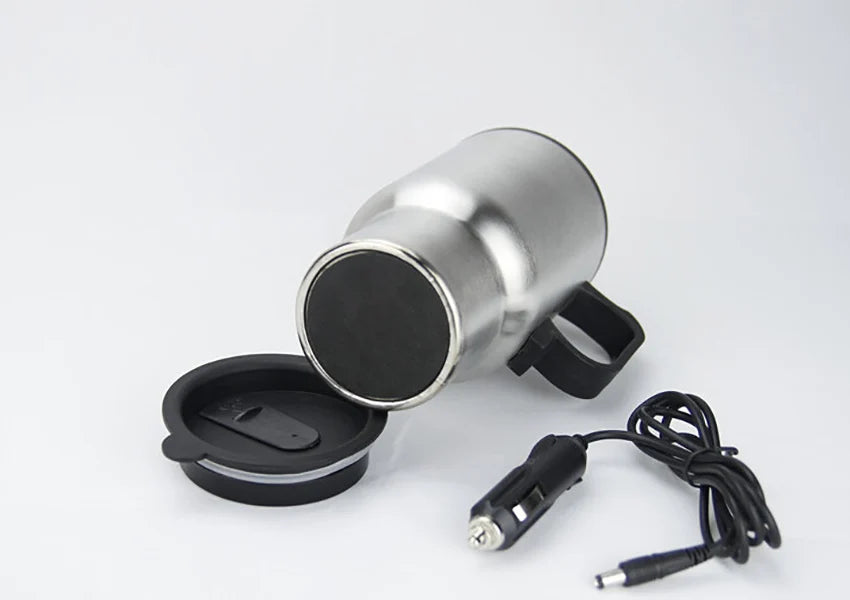 12V Car Heated Mug 450ml Stainless Steel Travel Electric Cup Thermos Cup for Heating Water, Coffee, Milk with Lid, Auto Charger