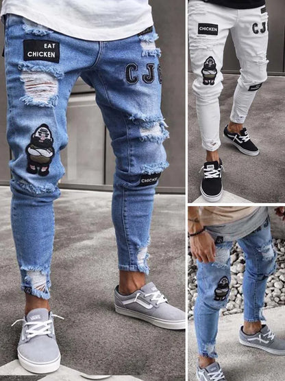 Men's Stretchy Ripped Skinny Embroidered Jeans Men's White Pants Destroyed Hole Slim Fit Denim High Quality Hip Hop Men trousers