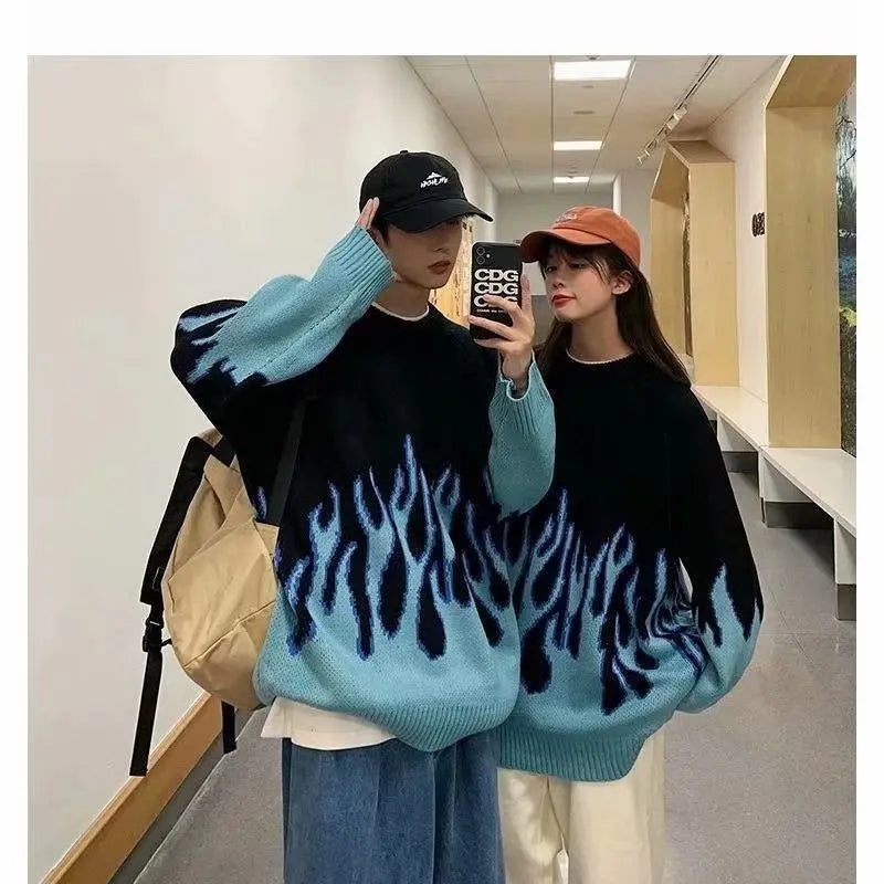 Hip Hop Mens Streetwear Harajuku Knitted Sweater Blue Fire Flame 2026 Autumn Sweater Pullover Loose HipHop Retro Vintage