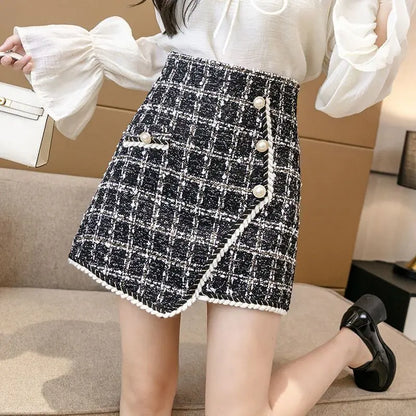 Tweed Skirts for Women Solid High Waist Slimming Skirts Autumn Spring 2026 Buttons Double Breasted Tweed Wool Mini Skirt