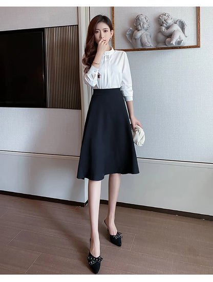 Women Skirts High Waist Knee-length A-line Black Skirt Casual All-match Elegant Ladies Gentle Ulzzang Trendy Solid Streetwear OL