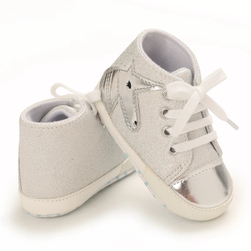 Cute 0-18M Spring Newborn Silver Baby Shoes Non Slip Cloth Bottom Girl Shoes Elegant Breathable Casual Baby First Walking Shoes