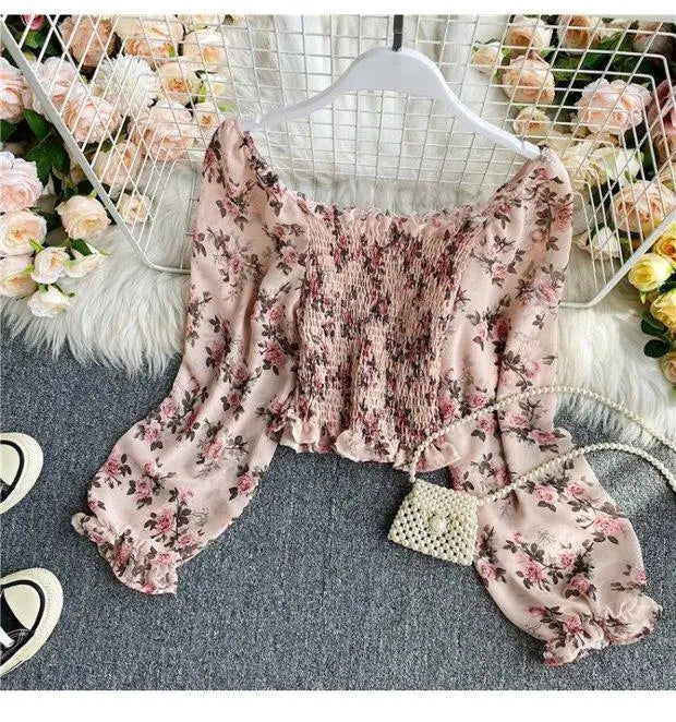 Blouse Women Autumn Retro Sexy Square-Neck Chiffon Shirt Long Sleeve Women's High Waist Short Blusas Ropa De Mujer