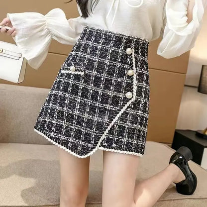 Tweed Skirts for Women Solid High Waist Slimming Skirts Autumn Spring 2026 Buttons Double Breasted Tweed Wool Mini Skirt