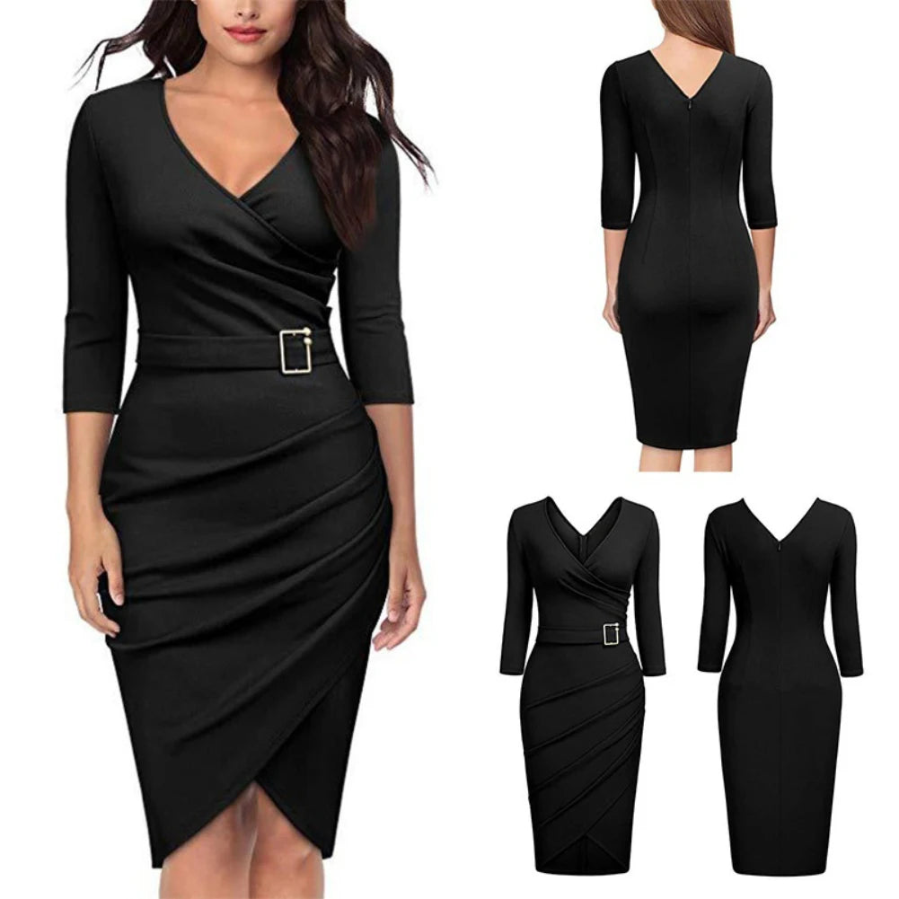 Formal Dress Women Summer Solid Color 3/4 Sleeve Elegant Dress High Waist Belted Irregular Pencil Dress Red