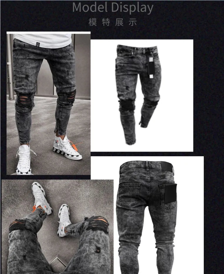 Biker Jeans Men's Distressed Stretch Ripped Biker Jeans Men Hip Hop Slim Fit Holes Punk Jeans Zipper Pure Color Denim Pants