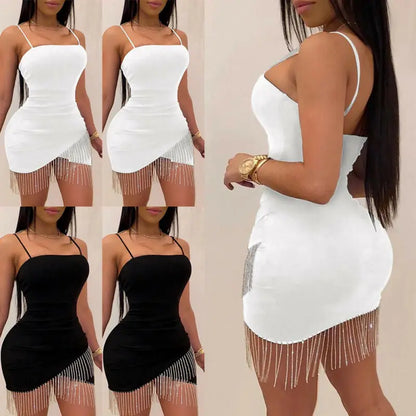Sexy Dresses Woman Party Night Birthday Tassel Split Sleeveless Bodycon Dress Summer Elegant Suspender Short Mini Pencil Dress
