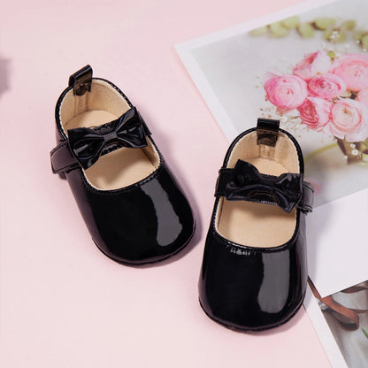 Newborn Baby Shoes Baby Boy Girl Shoes Girl Classic Bowknot Rubber Sole Anti-slip PU Dress Shoes First Walker Toddler Crib Shoes