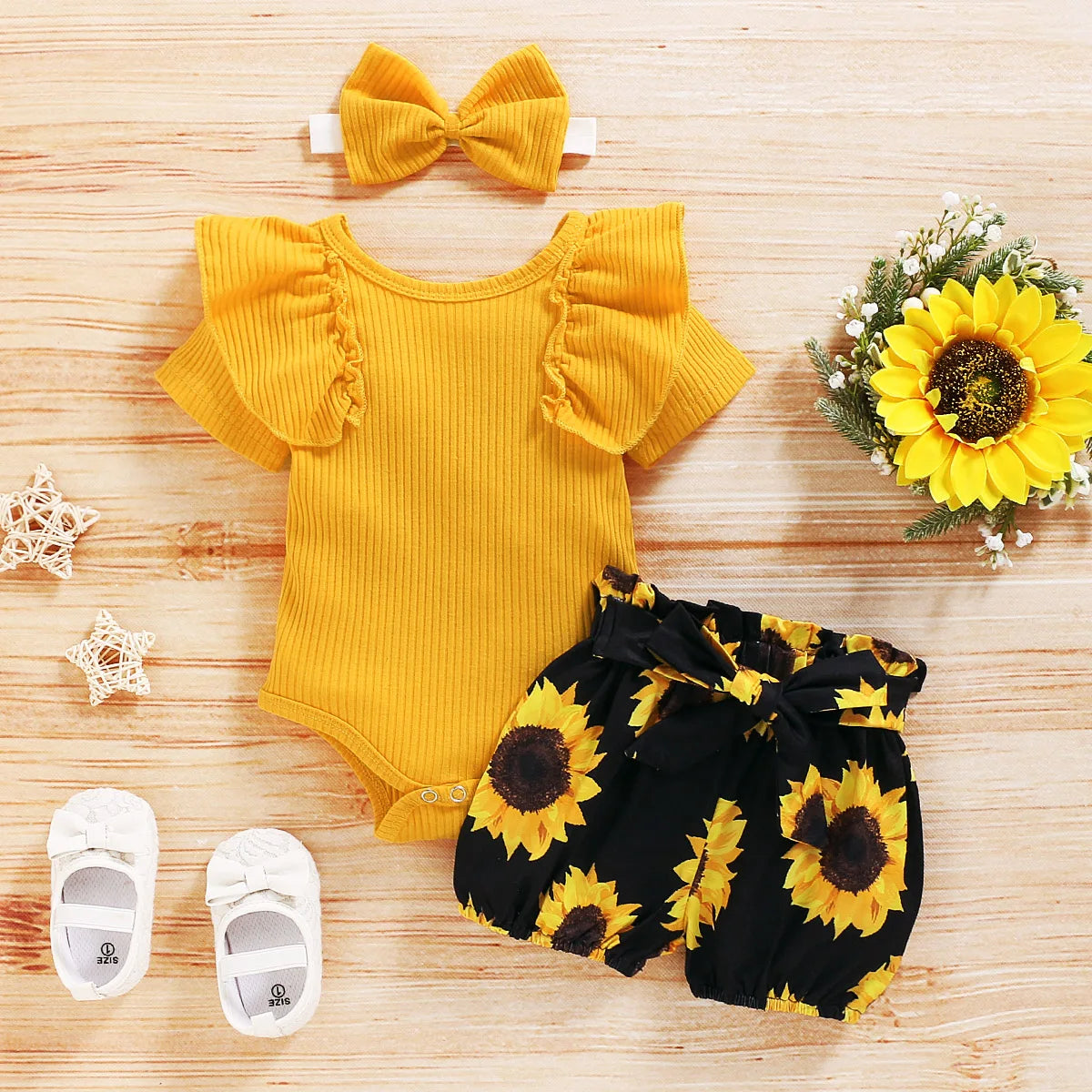 Baby Summer Clothing Girl Floral Clothes Kids Short Sleeve Romper Newborn Jumpsuit+ Girls Sunflower Tutu Shorts 3Pcs Outfits Set