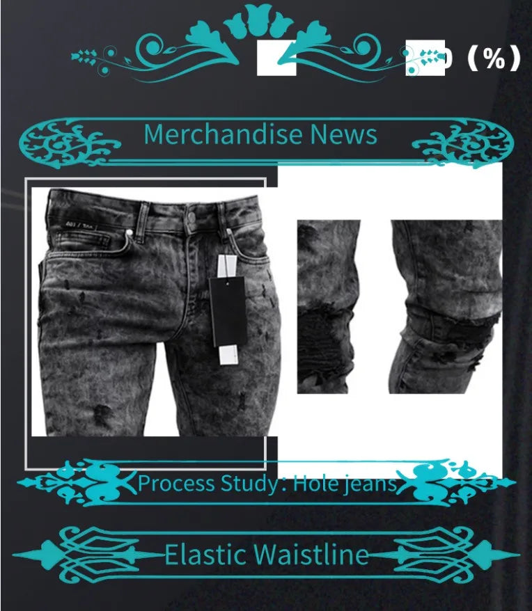 Biker Jeans Men's Distressed Stretch Ripped Biker Jeans Men Hip Hop Slim Fit Holes Punk Jeans Zipper Pure Color Denim Pants