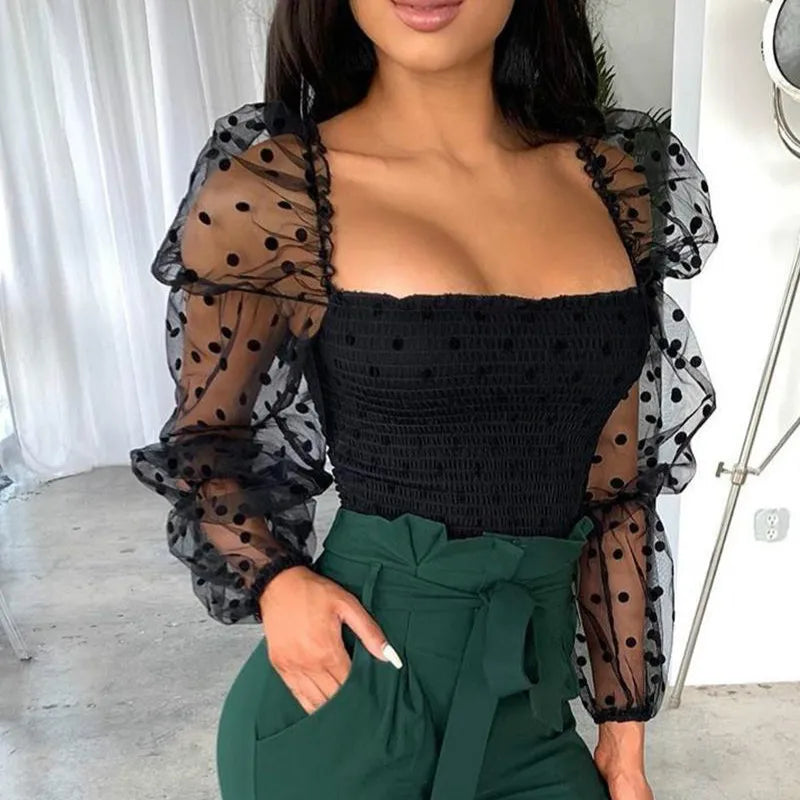 Summer Polka Dot Vintage New Women Shirts Puff Sleeve Square Sexy Square Neck Slim See-through Blouse Crop Top Clubwear