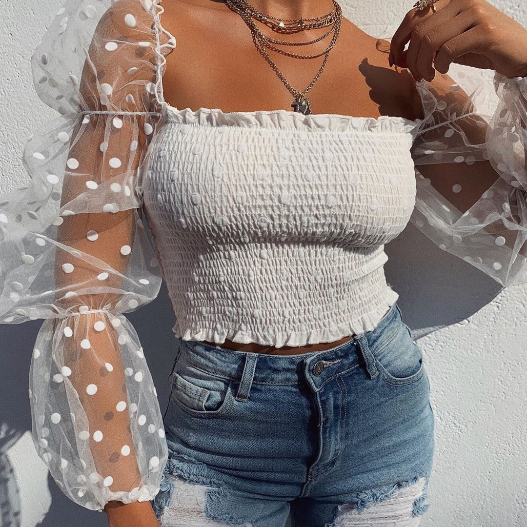 Summer Polka Dot Vintage New Women Shirts Puff Sleeve Square Sexy Square Neck Slim See-through Blouse Crop Top Clubwear