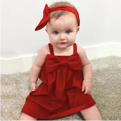 Newborn Baby Girls Toddler Kid Summer Sundress Solid Color Sleeveless Bowknot Short Mini Dress Sunsuit Dress
