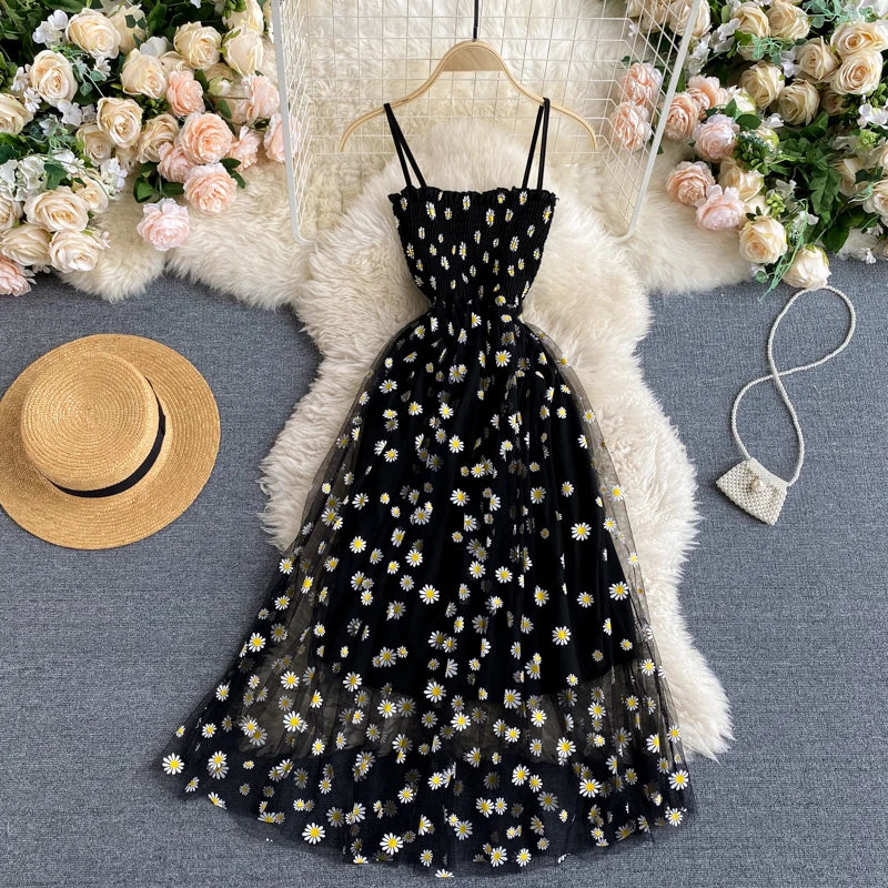 YuooMuoo Korean Fashion Daisy Flower Print Mesh Party Dress Summer Two Layers Spaghetti Strap Vacation Midi Dress Beach Vespids