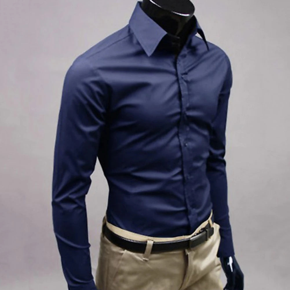 Men Dress Shirt New Fashion Men Solid Color Business Long Sleeve Men Button Turn Down Collar Shirt Top Polyester