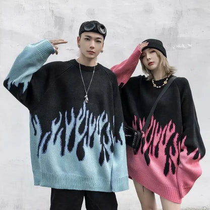 Hip Hop Mens Streetwear Harajuku Knitted Sweater Blue Fire Flame 2026 Autumn Sweater Pullover Loose HipHop Retro Vintage