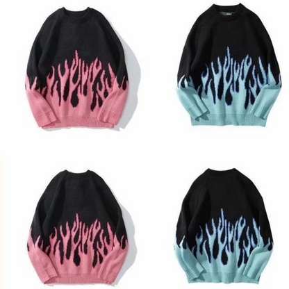 Hip Hop Mens Streetwear Harajuku Knitted Sweater Blue Fire Flame 2026 Autumn Sweater Pullover Loose HipHop Retro Vintage