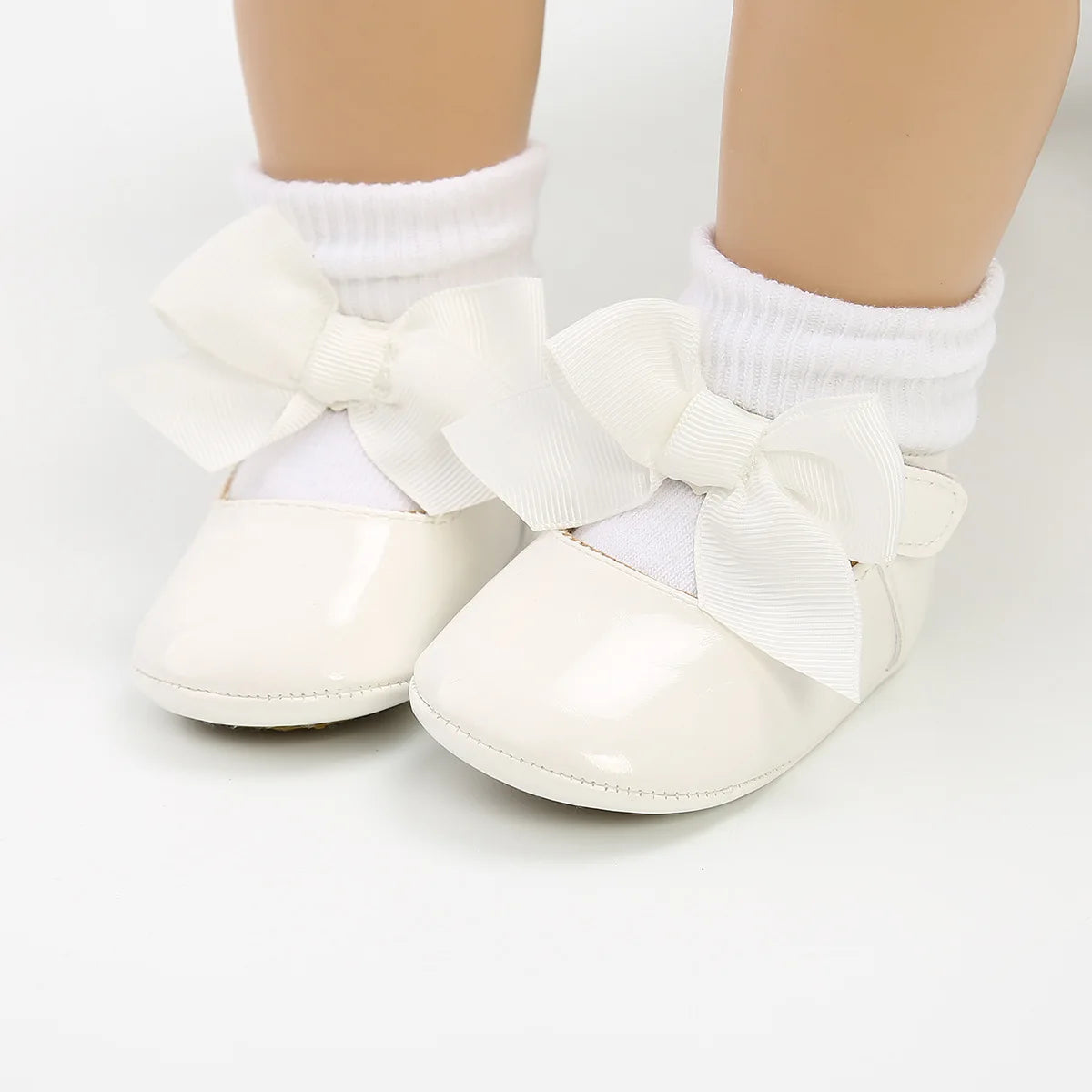 Newborn Baby Shoes Baby Boy Girl Shoes Girl Classic Bowknot Rubber Sole Anti-slip PU Dress Shoes First Walker Toddler Crib Shoes