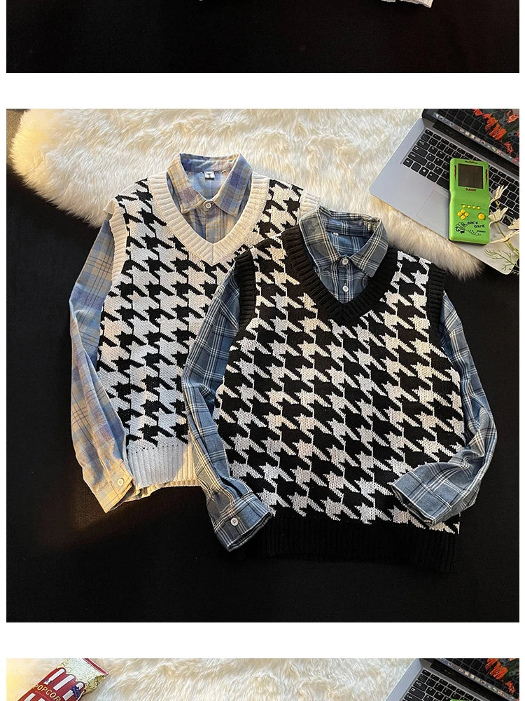 Men Houndstooth Sweater Vests Vintage Sleeveless V-neck Knitwear College Students Couple Loose Outwear Suester Para Hombre Chic