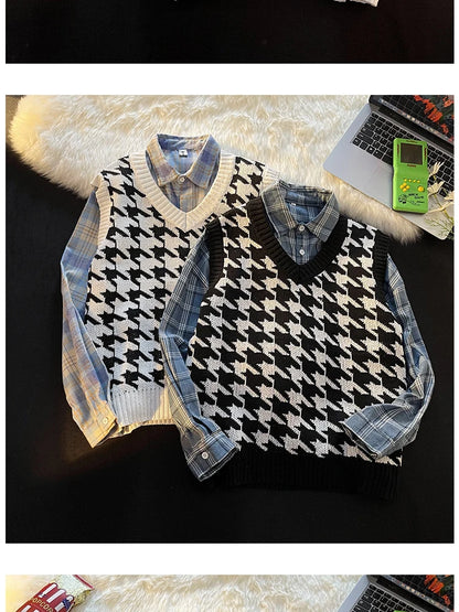 Men Houndstooth Sweater Vests Vintage Sleeveless V-neck Knitwear College Students Couple Loose Outwear Suester Para Hombre Chic