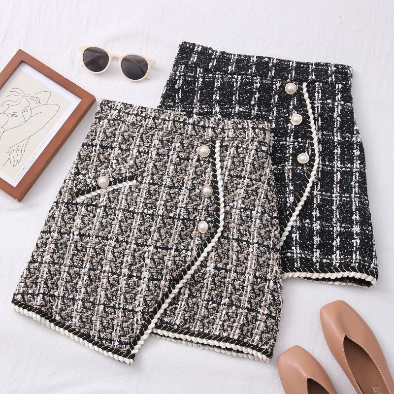 Tweed Skirts for Women Solid High Waist Slimming Skirts Autumn Spring 2026 Buttons Double Breasted Tweed Wool Mini Skirt