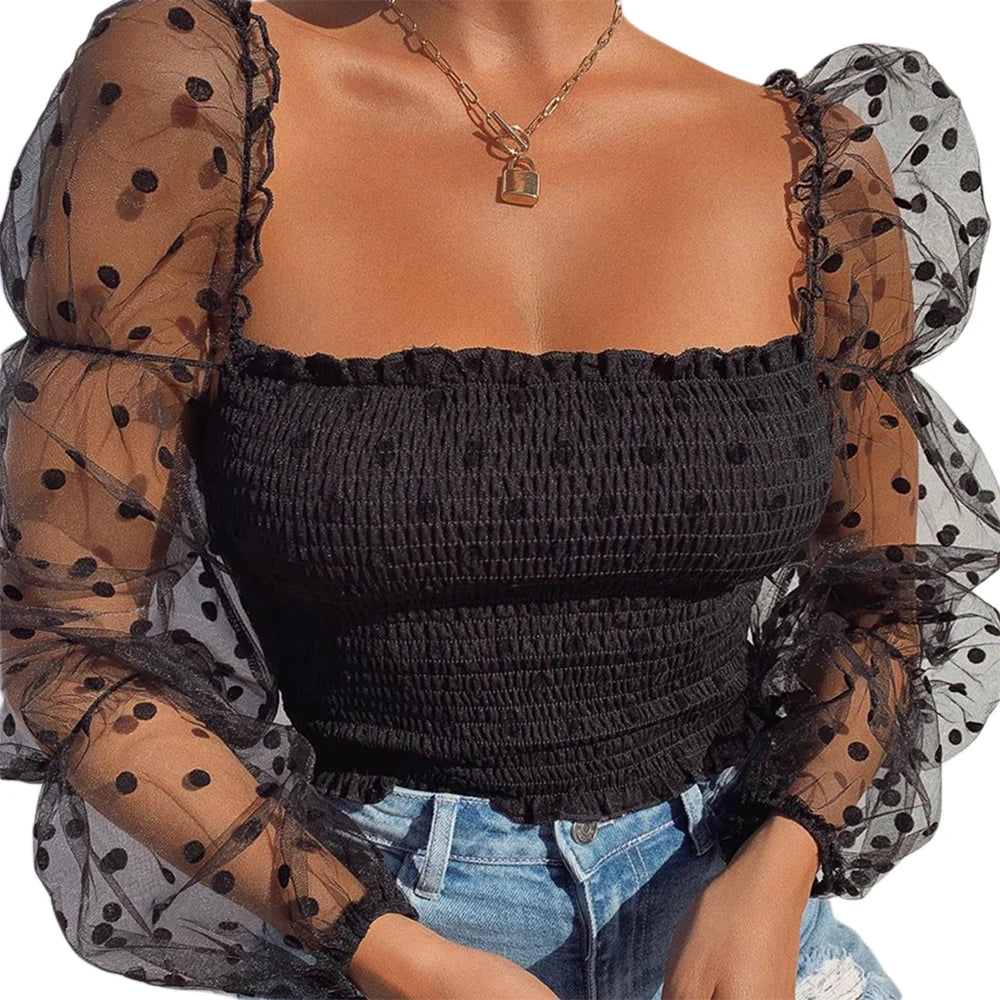 Summer Polka Dot Vintage New Women Shirts Puff Sleeve Square Sexy Square Neck Slim See-through Blouse Crop Top Clubwear