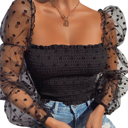 Summer Polka Dot Vintage New Women Shirts Puff Sleeve Square Sexy Square Neck Slim See-through Blouse Crop Top Clubwear