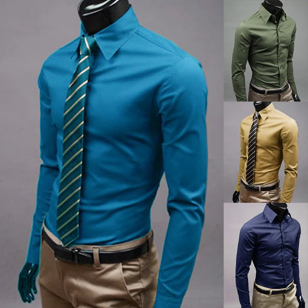 Men Dress Shirt New Fashion Men Solid Color Business Long Sleeve Men Button Turn Down Collar Shirt Top Polyester