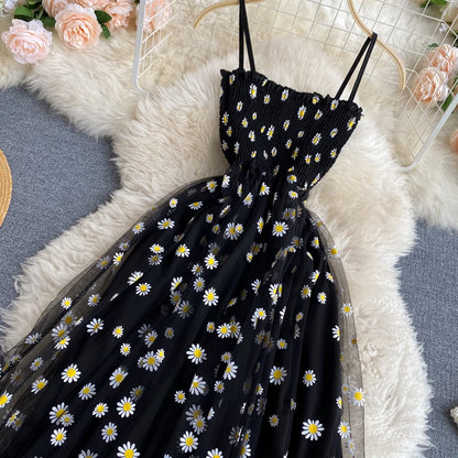 YuooMuoo Korean Fashion Daisy Flower Print Mesh Party Dress Summer Two Layers Spaghetti Strap Vacation Midi Dress Beach Vespids