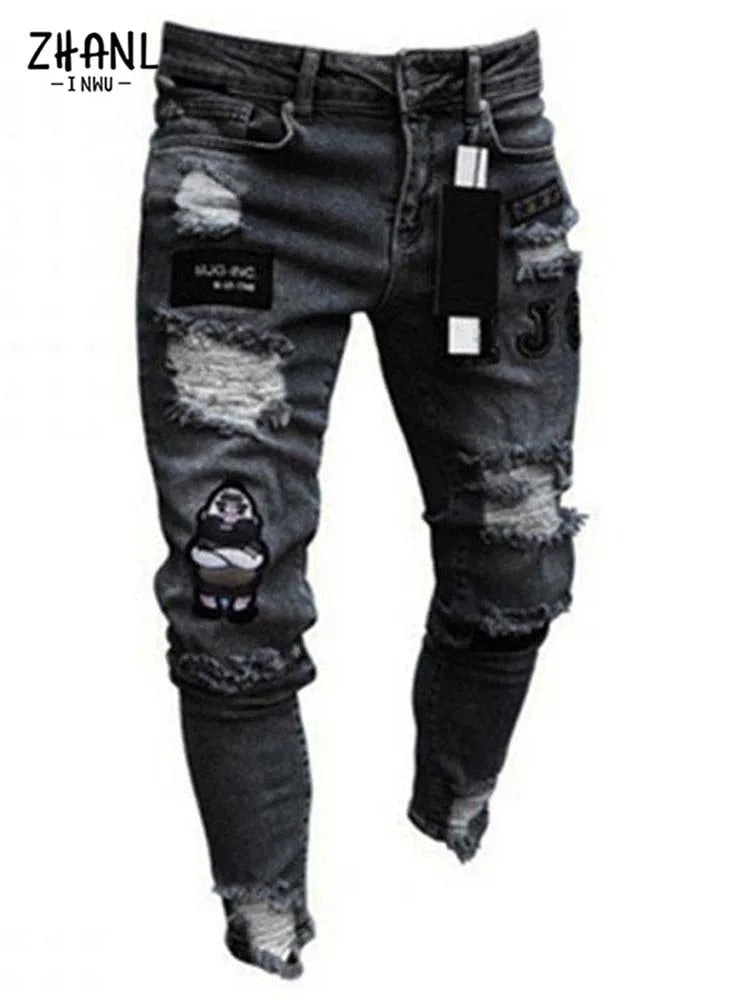 Men's Stretchy Ripped Skinny Embroidered Jeans Men's White Pants Destroyed Hole Slim Fit Denim High Quality Hip Hop Men trousers