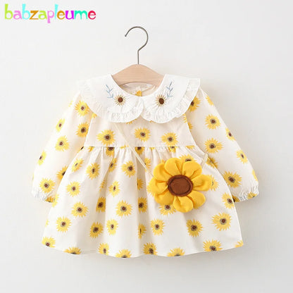 2Piece Spring Fall Toddler Girl Clothes Set Korean Cute Doll Collar Long Sleeve Print Flowers Dress+ Bag Newborn Baby Dresses 074