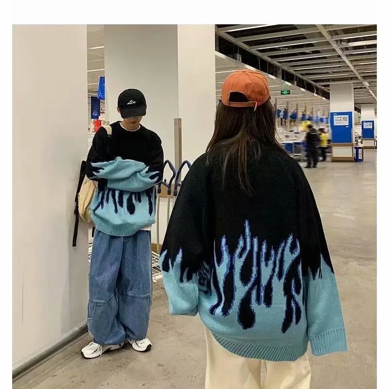 Hip Hop Mens Streetwear Harajuku Knitted Sweater Blue Fire Flame 2026 Autumn Sweater Pullover Loose HipHop Retro Vintage