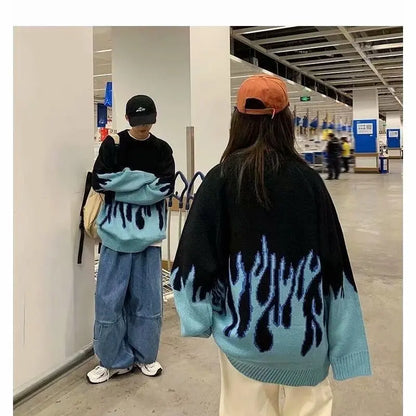 Hip Hop Mens Streetwear Harajuku Knitted Sweater Blue Fire Flame 2026 Autumn Sweater Pullover Loose HipHop Retro Vintage
