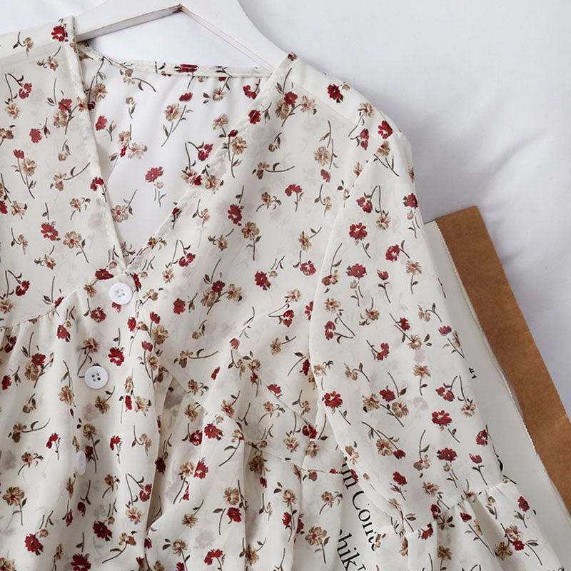 Chiffon Floral Blouses For Women Soft Retro Chic Ladies Shirts  Temperament Fresh Popular Trendy Ulzzang Button Femme Clothing