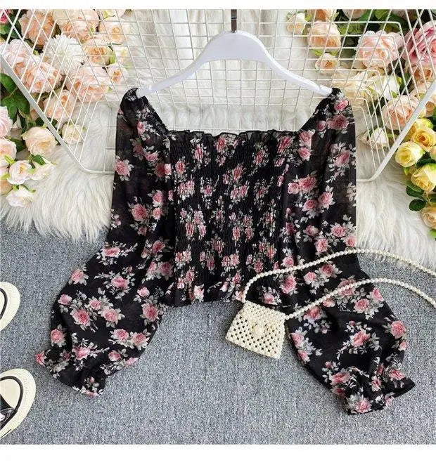 Blouse Women Autumn Retro Sexy Square-Neck Chiffon Shirt Long Sleeve Women's High Waist Short Blusas Ropa De Mujer