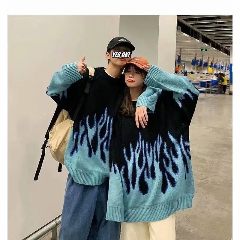 Hip Hop Mens Streetwear Harajuku Knitted Sweater Blue Fire Flame 2026 Autumn Sweater Pullover Loose HipHop Retro Vintage